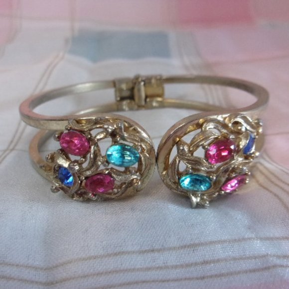 Multi Color Rhinestone Gold Tone Clamp Bracelet - Picture 1 of 12